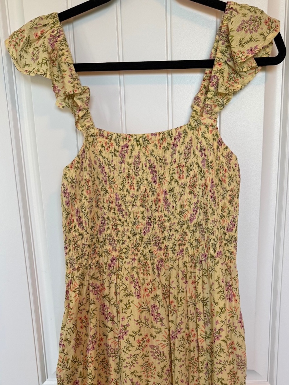 Yellow Purple Flower Smocked Sundress Midi Pockets Bohemian Cottagecore Size L